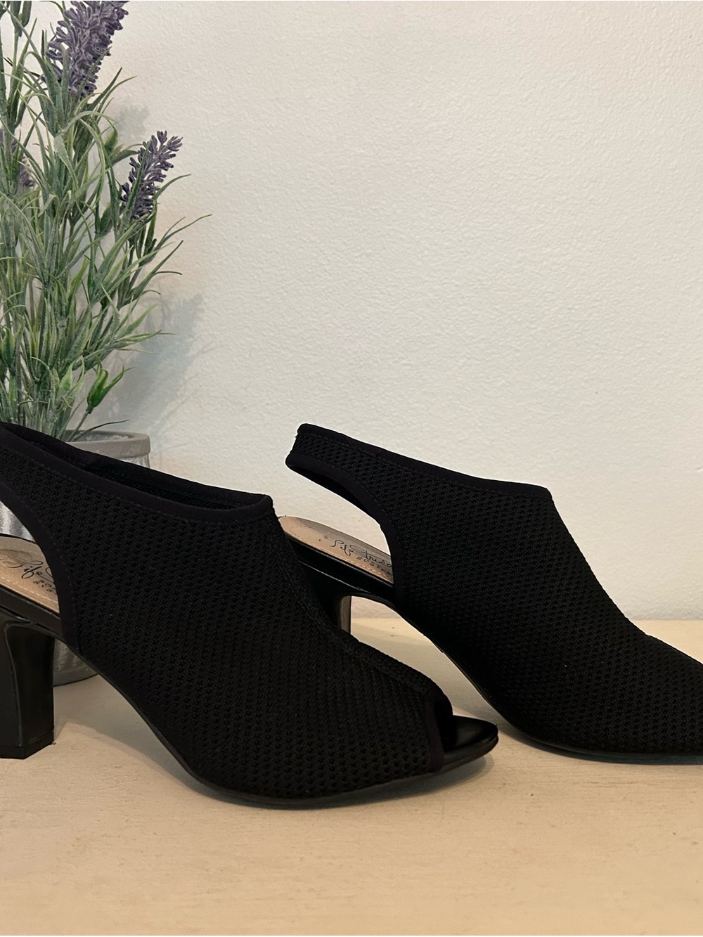 Life Stride Black Knit Slingback Peep-Toe Heels